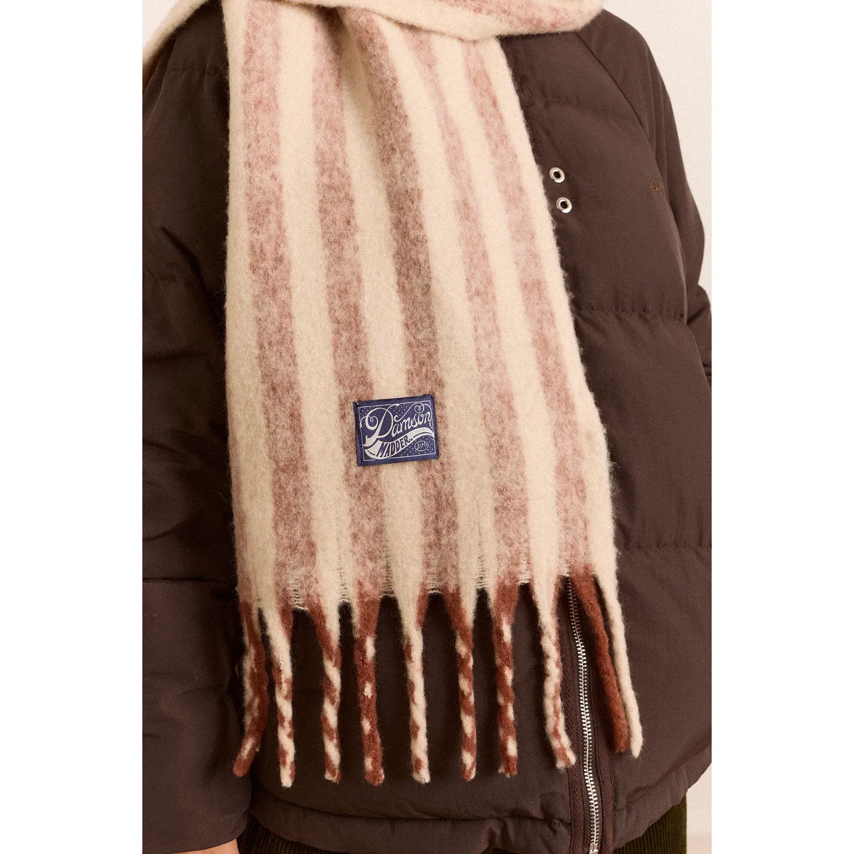 Brushed Fluffy Wool Blend Scarf - Choc & Ecru Stripe