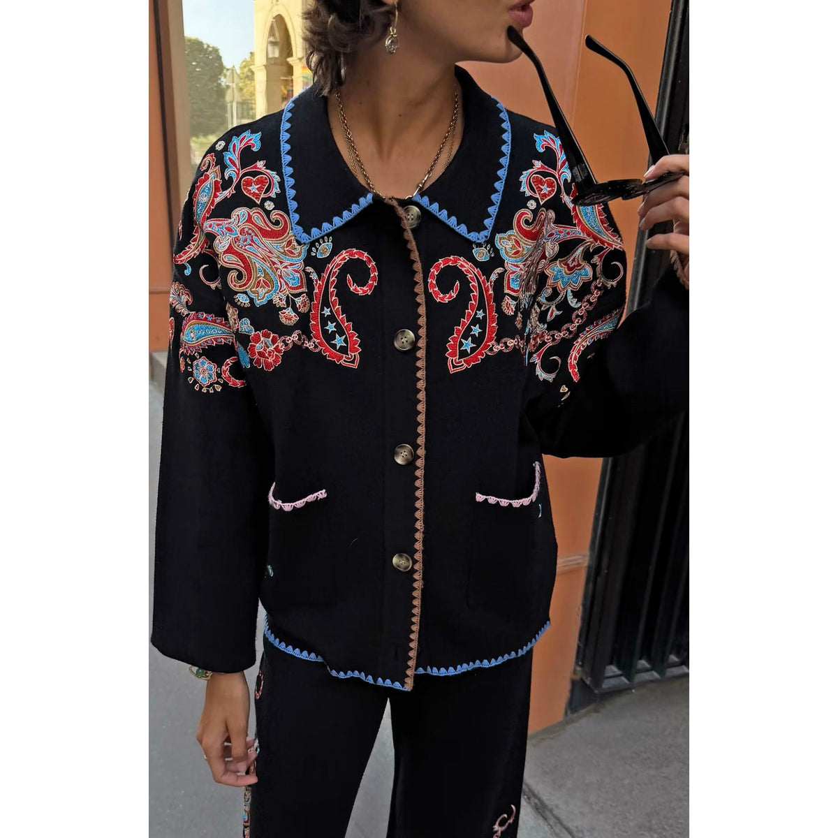Black Paisley Embroidered Cardigan