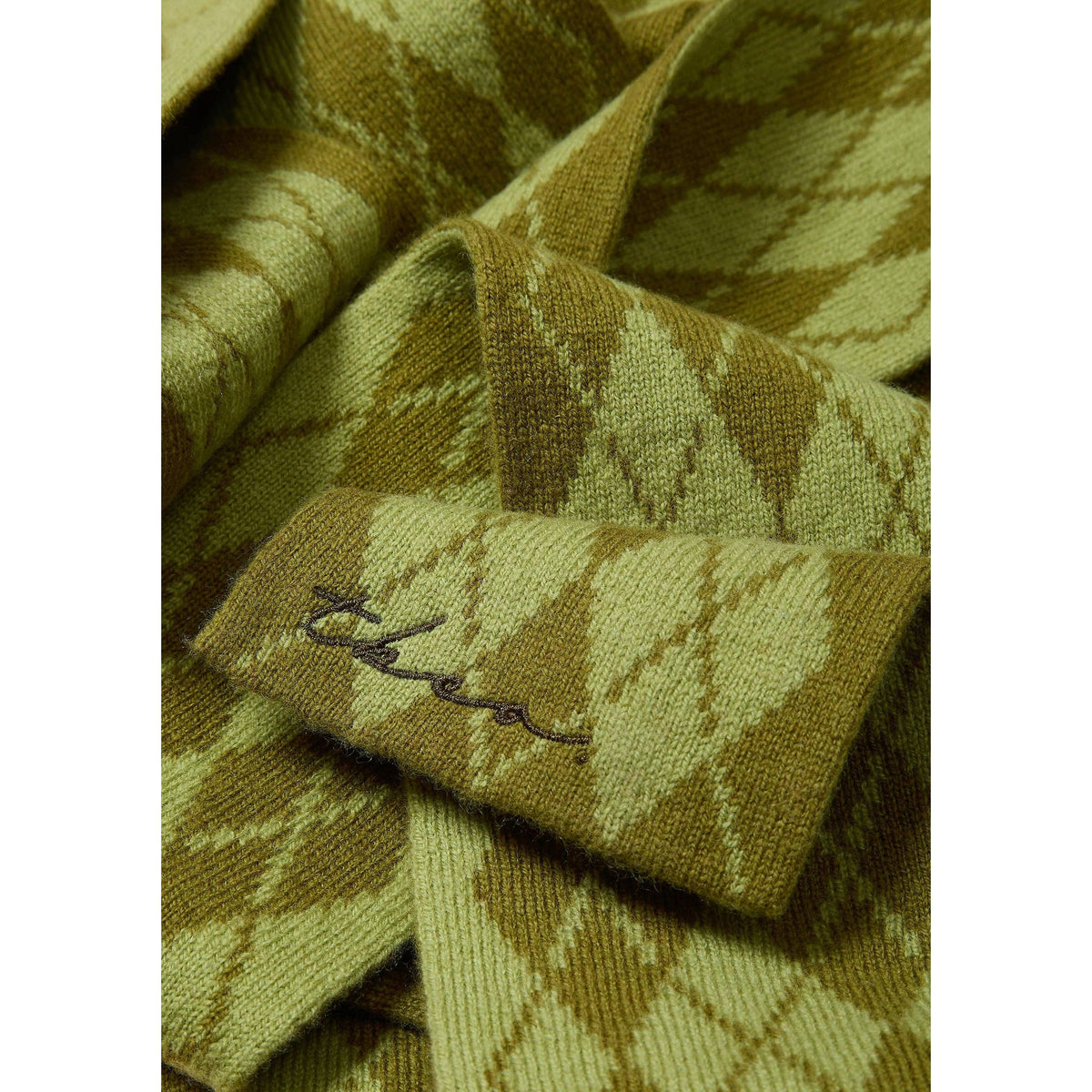 Merino Wool Skinny Scarf in Green Argyle