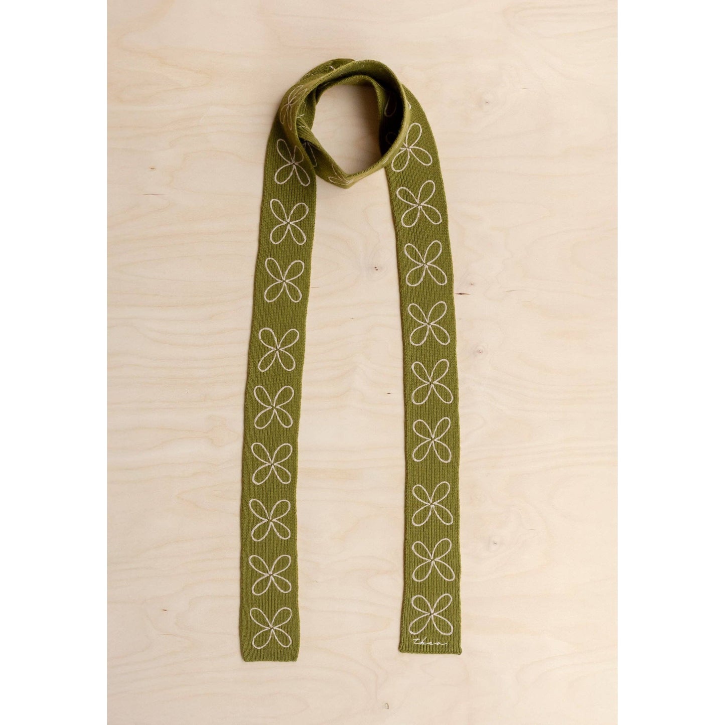 Merino Wool Skinny Scarf in Olive Flora