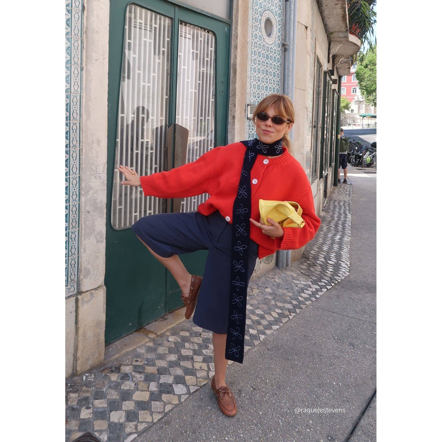 Merino Wool Skinny Scarf in Navy Flora