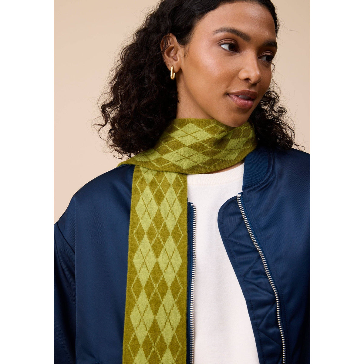 Merino Wool Skinny Scarf in Green Argyle