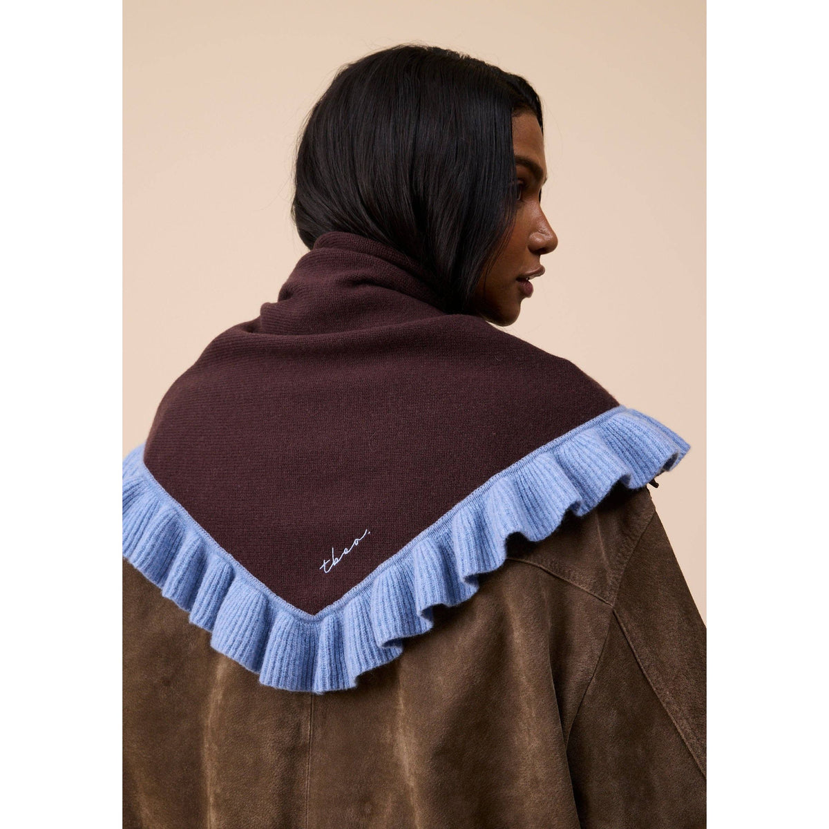 Large Merino Wool Triangle Scarf in Brown Ruffle
