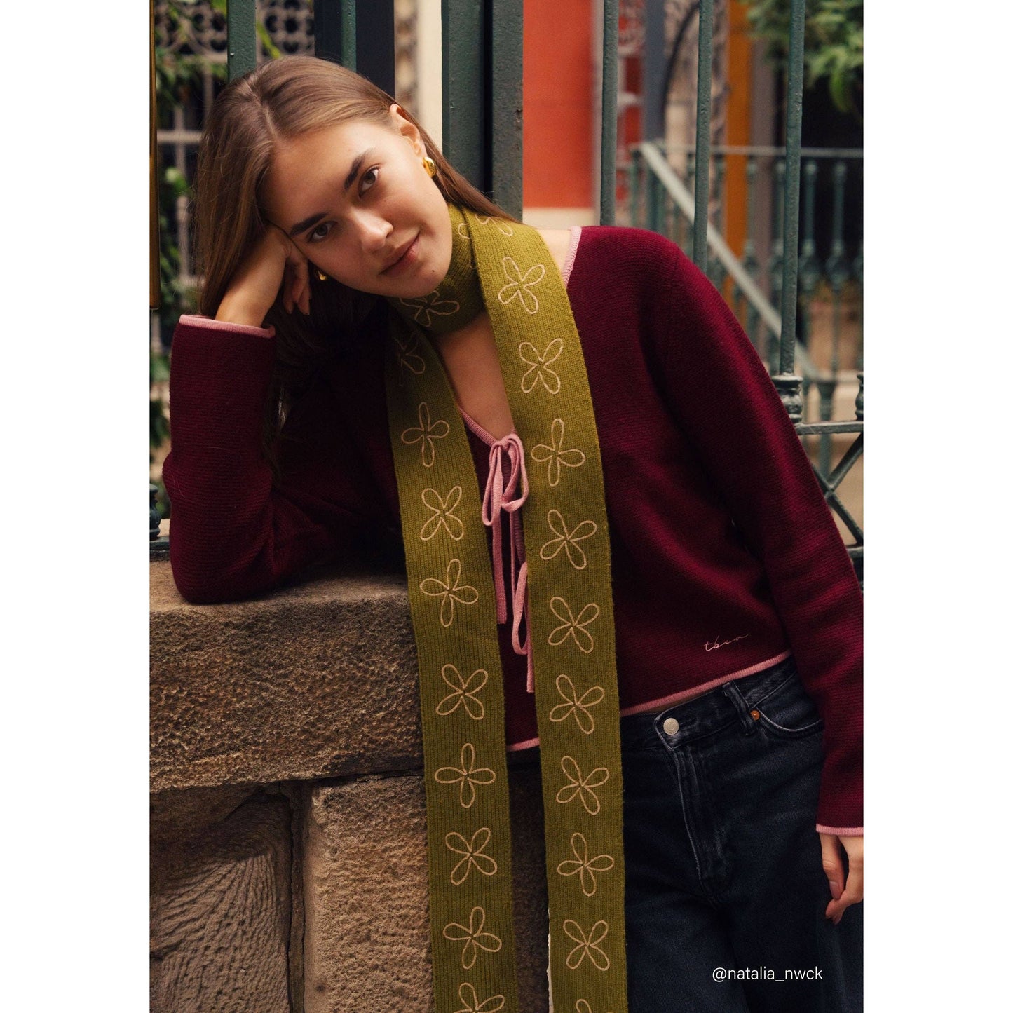 Merino Wool Skinny Scarf in Olive Flora