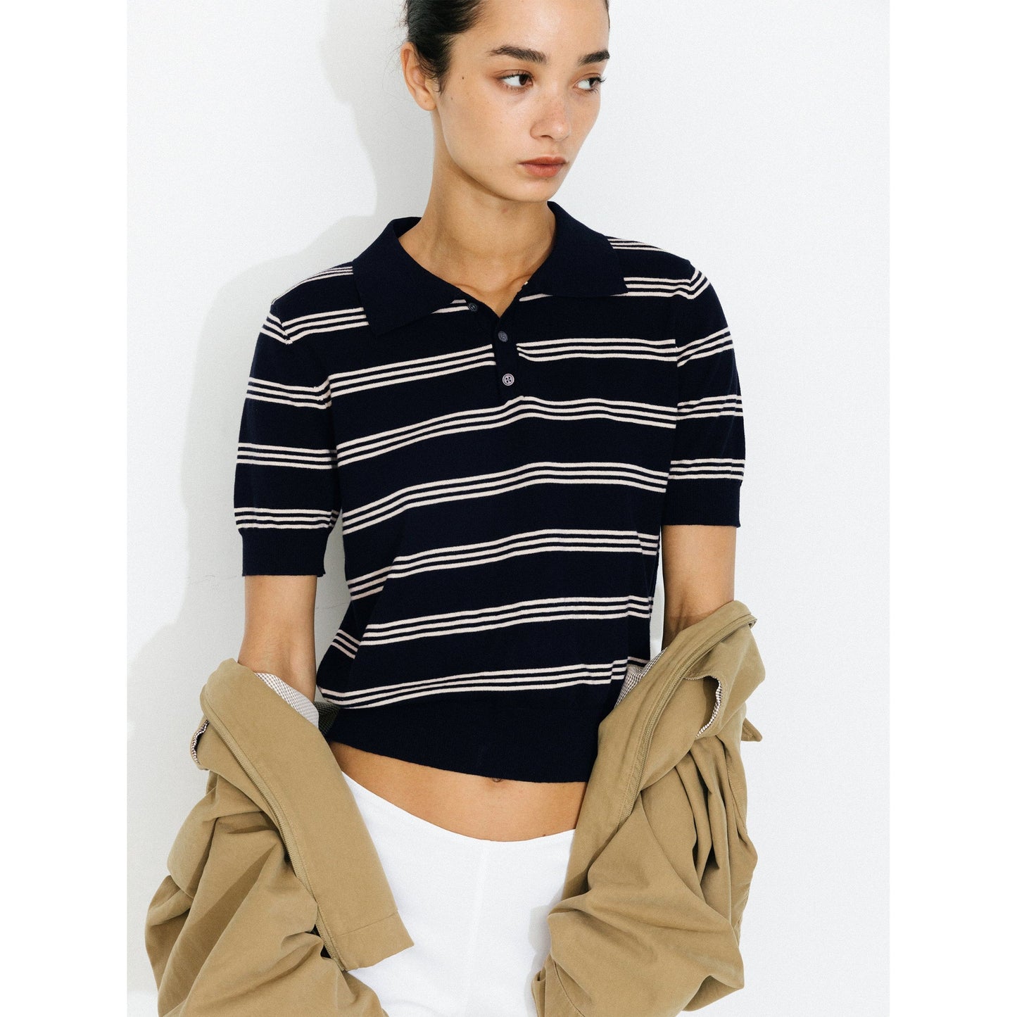 Striped Cropped Polo Collar Cotton T-Shirt
