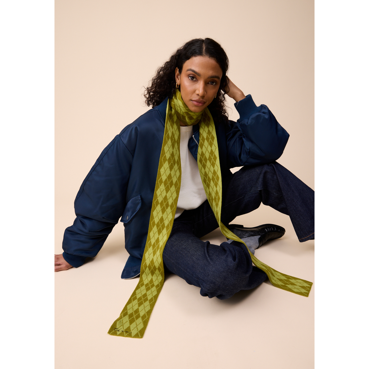 Merino Wool Skinny Scarf in Green Argyle