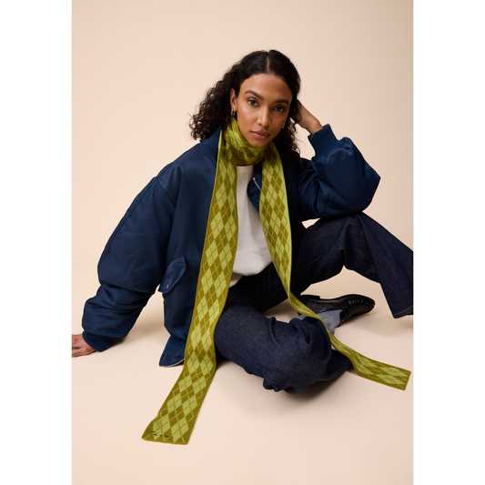Merino Wool Skinny Scarf in Green Argyle