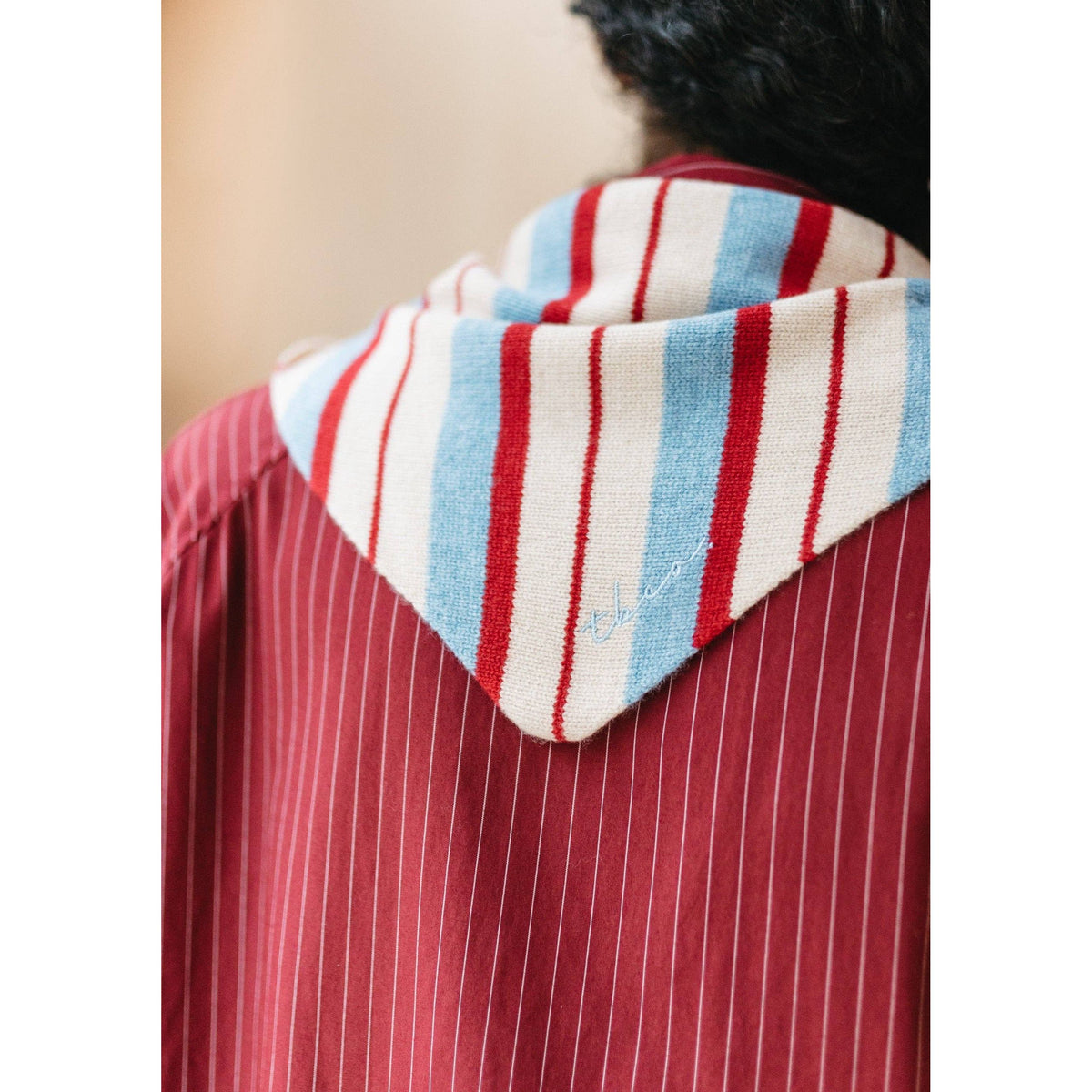 Merino Wool Triangle Scarf in Blue & Red Stripe