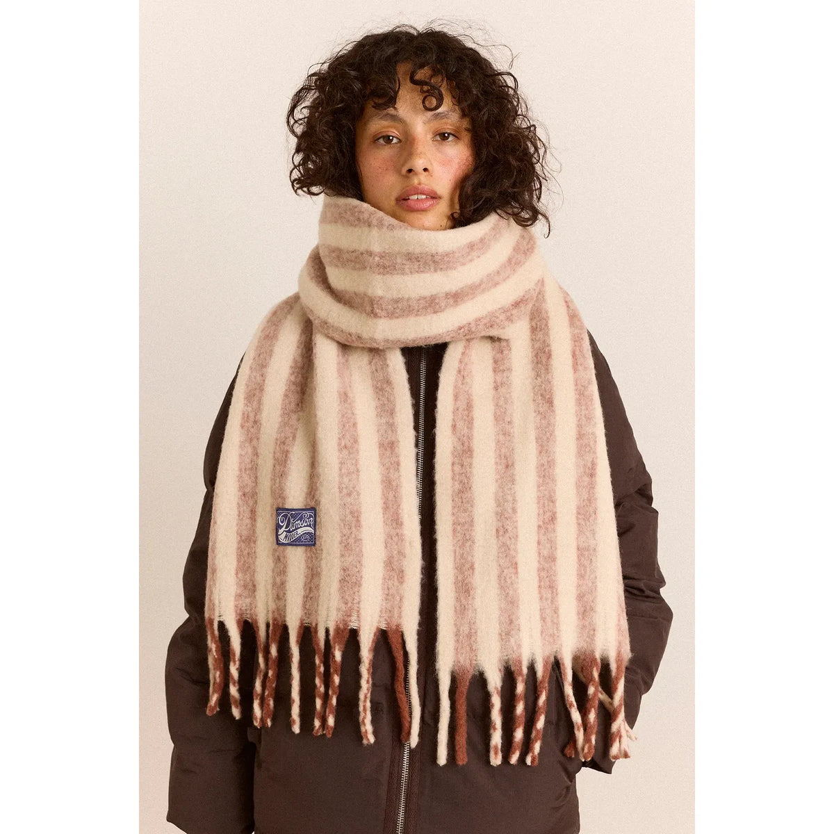 Brushed Fluffy Wool Blend Scarf - Choc & Ecru Stripe