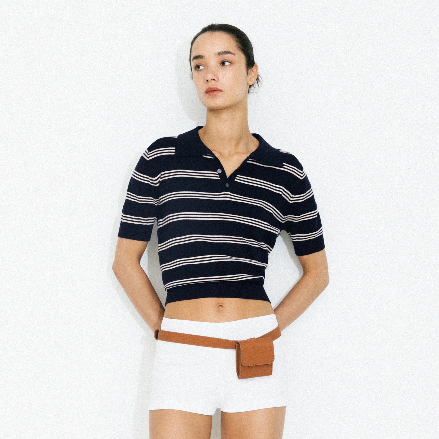 Striped Cropped Polo Collar Cotton T-Shirt