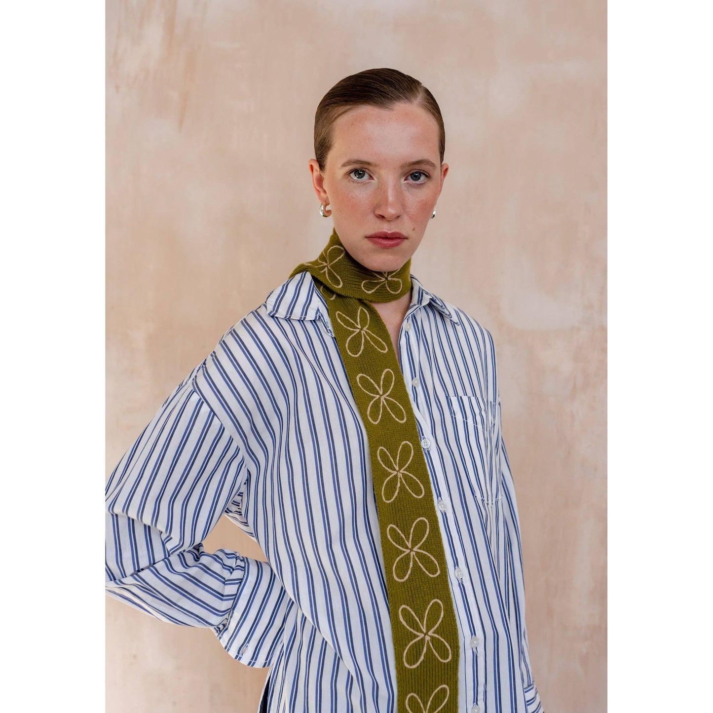 Merino Wool Skinny Scarf in Olive Flora