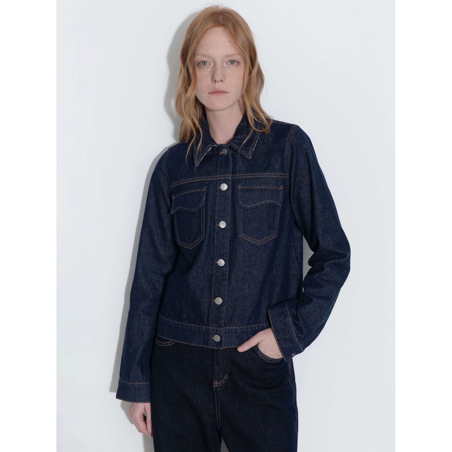 Color-Block High-Neck Denim Jacket