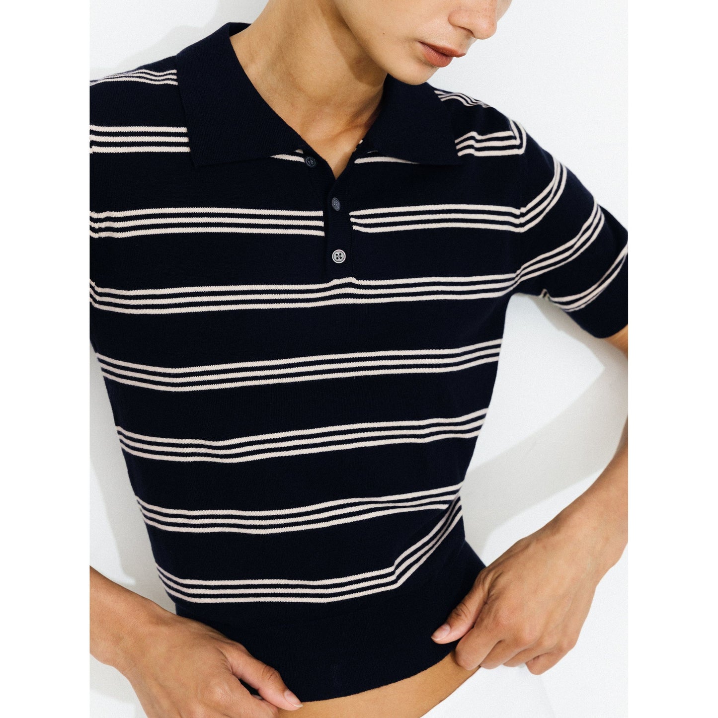 Striped Cropped Polo Collar Cotton T-Shirt