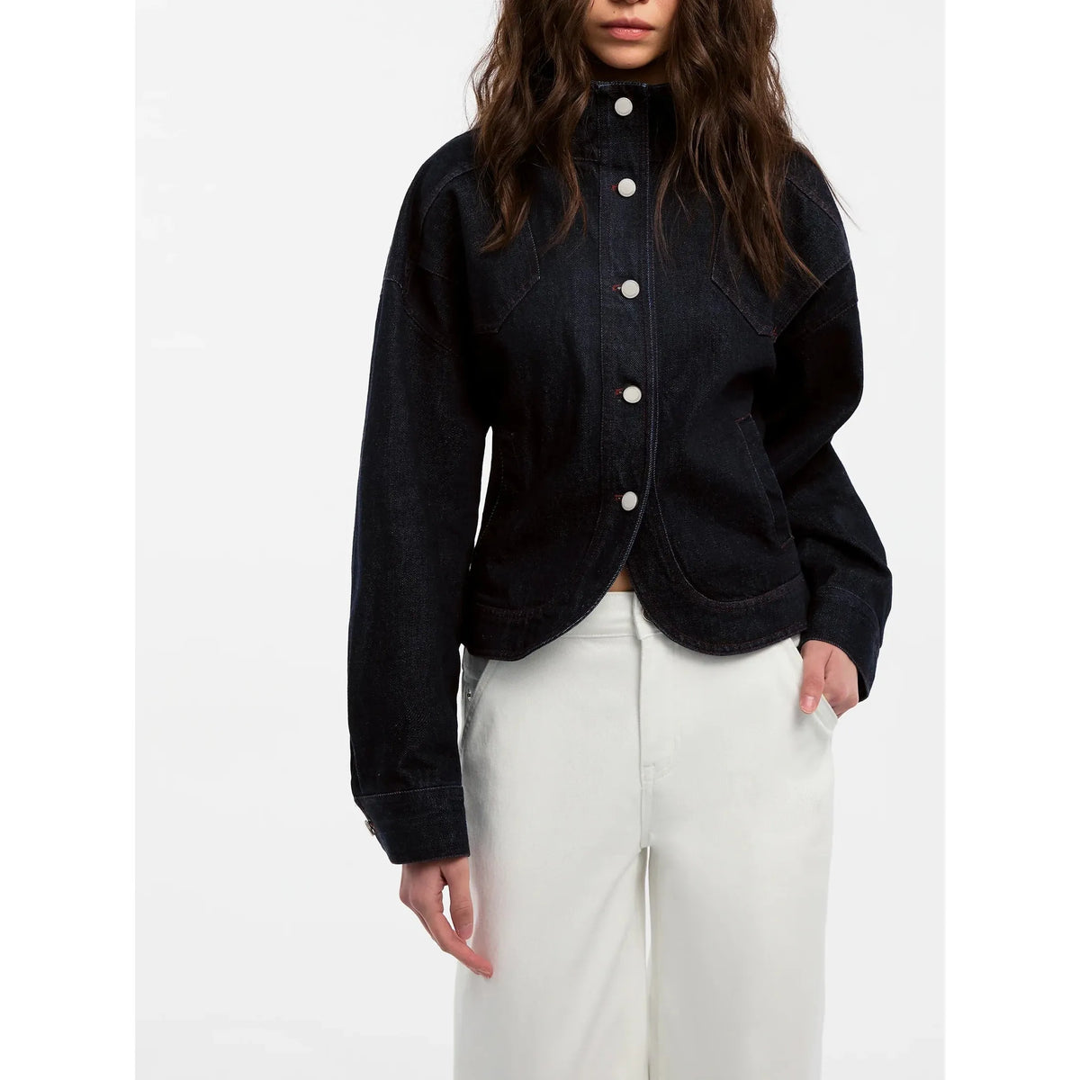 Classic Stand Collar Fitted Denim Jacket