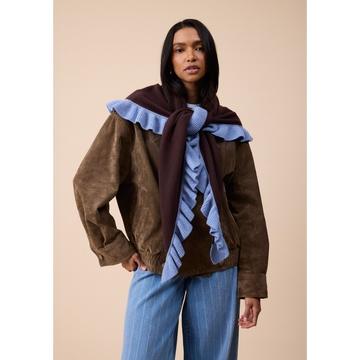 Large Merino Wool Triangle Scarf in Brown Ruffle