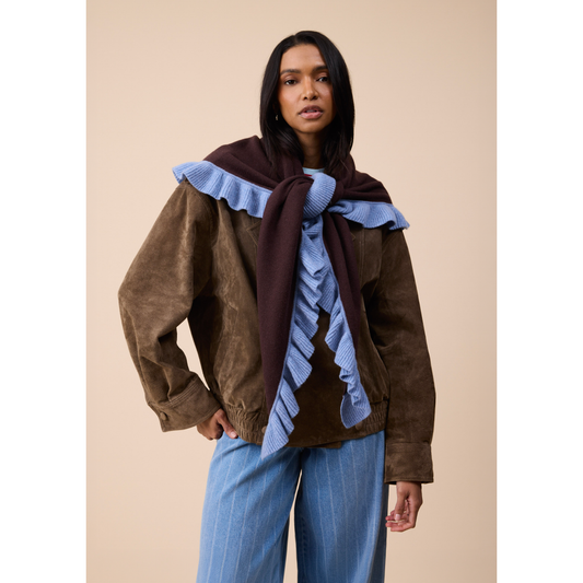 Large Merino Wool Triangle Scarf in Brown Ruffle
