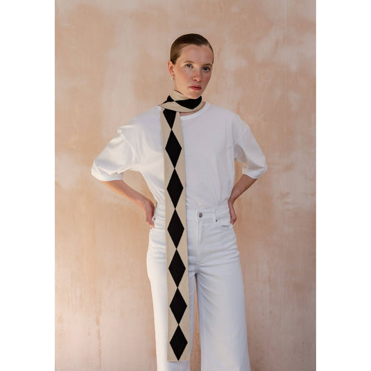 Merino Wool Skinny Scarf in Black Harlequin
