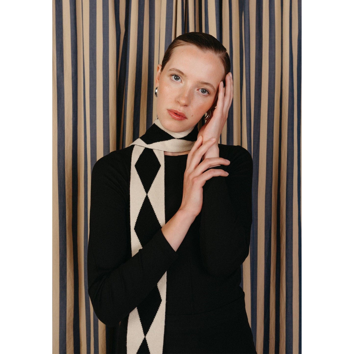 Merino Wool Skinny Scarf in Black Harlequin