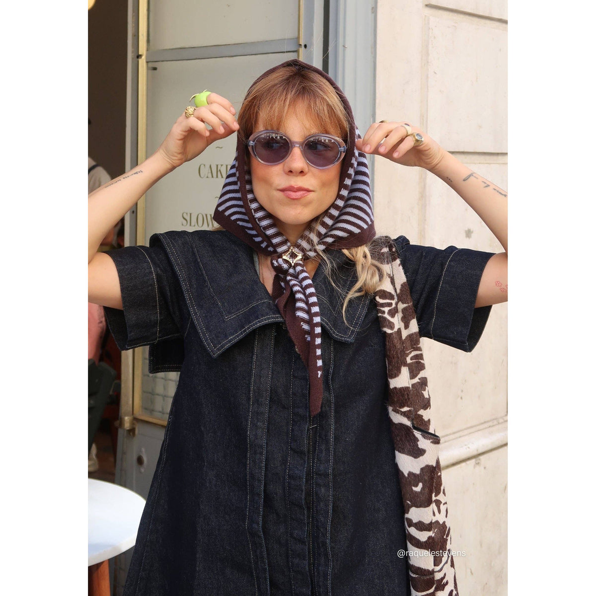 Merino Wool Triangle Scarf in Blue & Brown Stripe