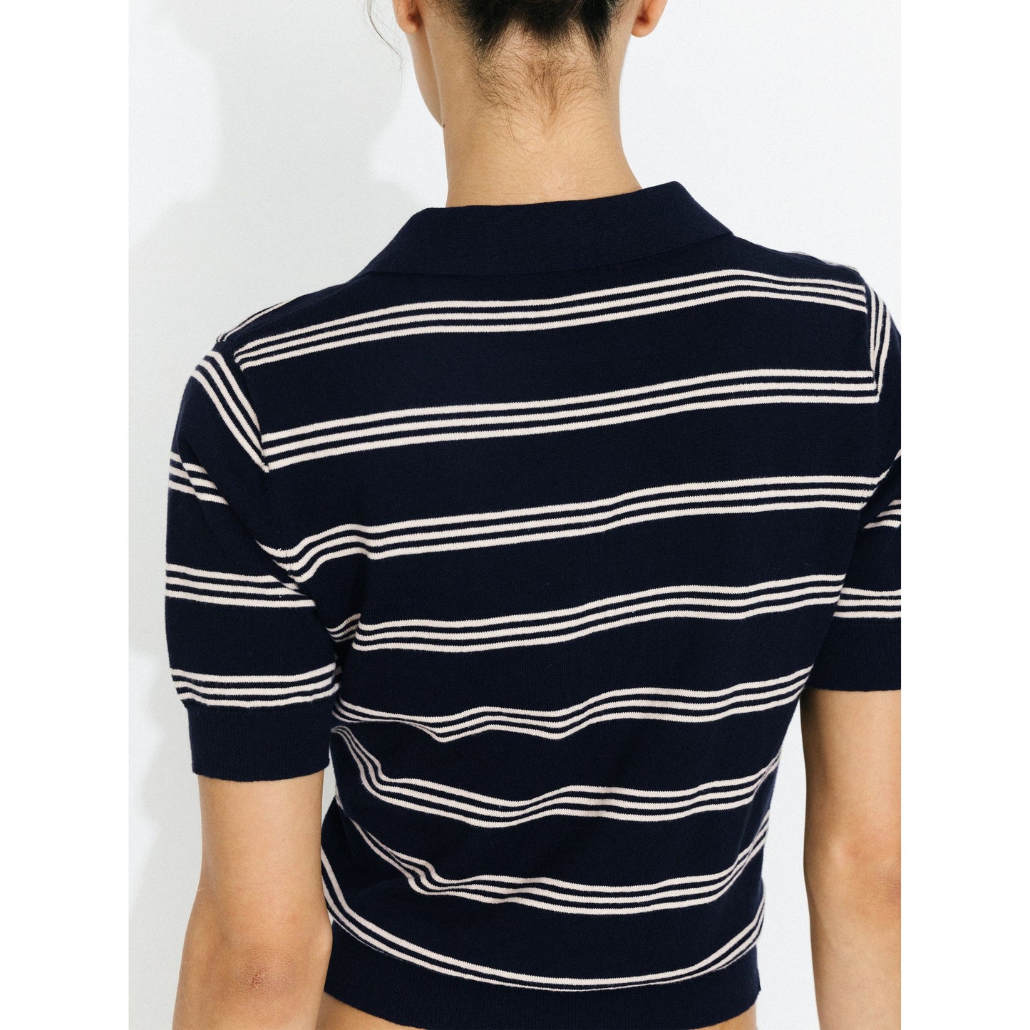 Striped Cropped Polo Collar Cotton T-Shirt