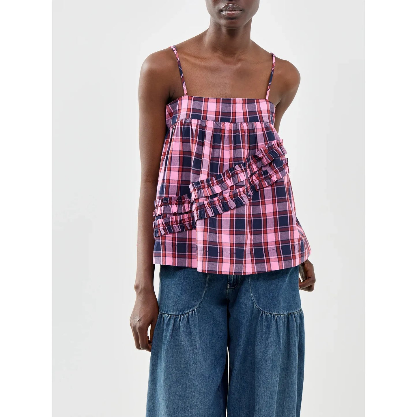 Nyra Ruffle Cami - Magenta Check