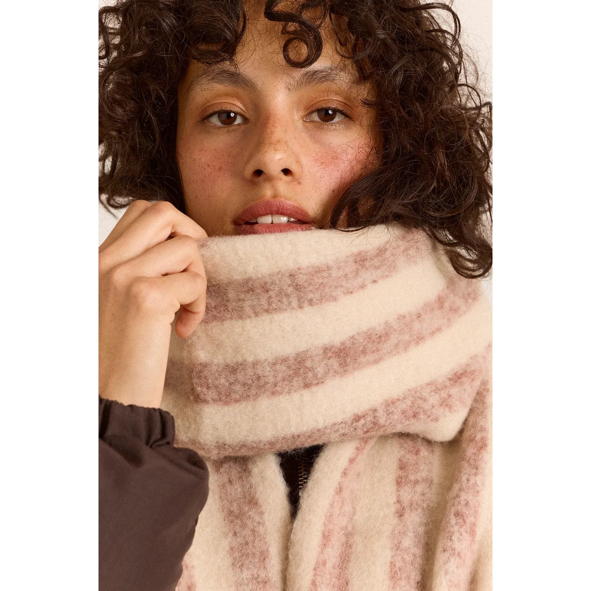 Brushed Fluffy Wool Blend Scarf - Choc & Ecru Stripe