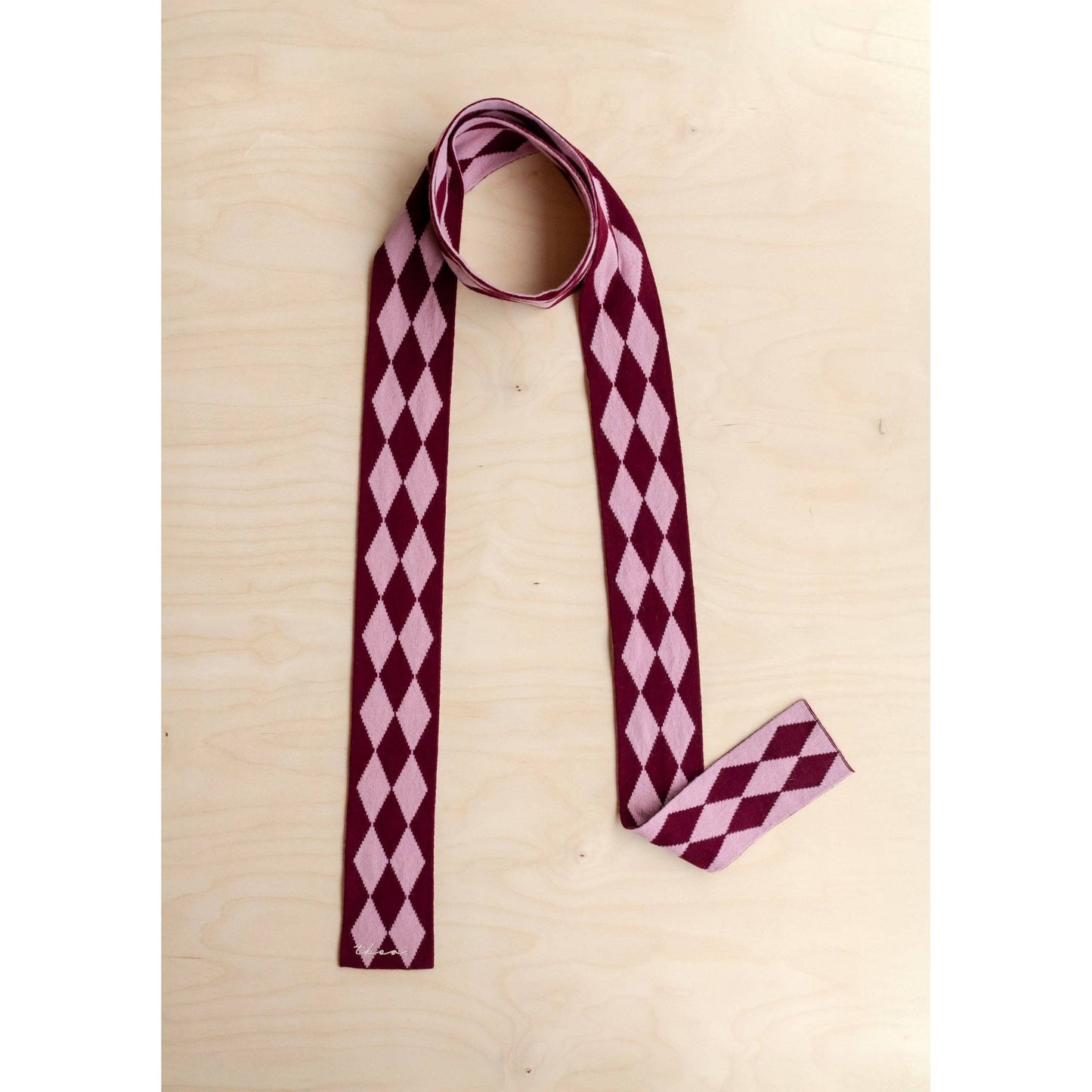 Merino Wool Skinny Scarf in Burgundy Harlequin