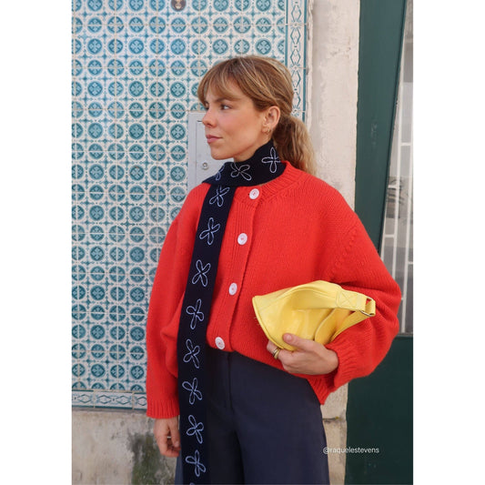 Merino Wool Skinny Scarf in Navy Flora