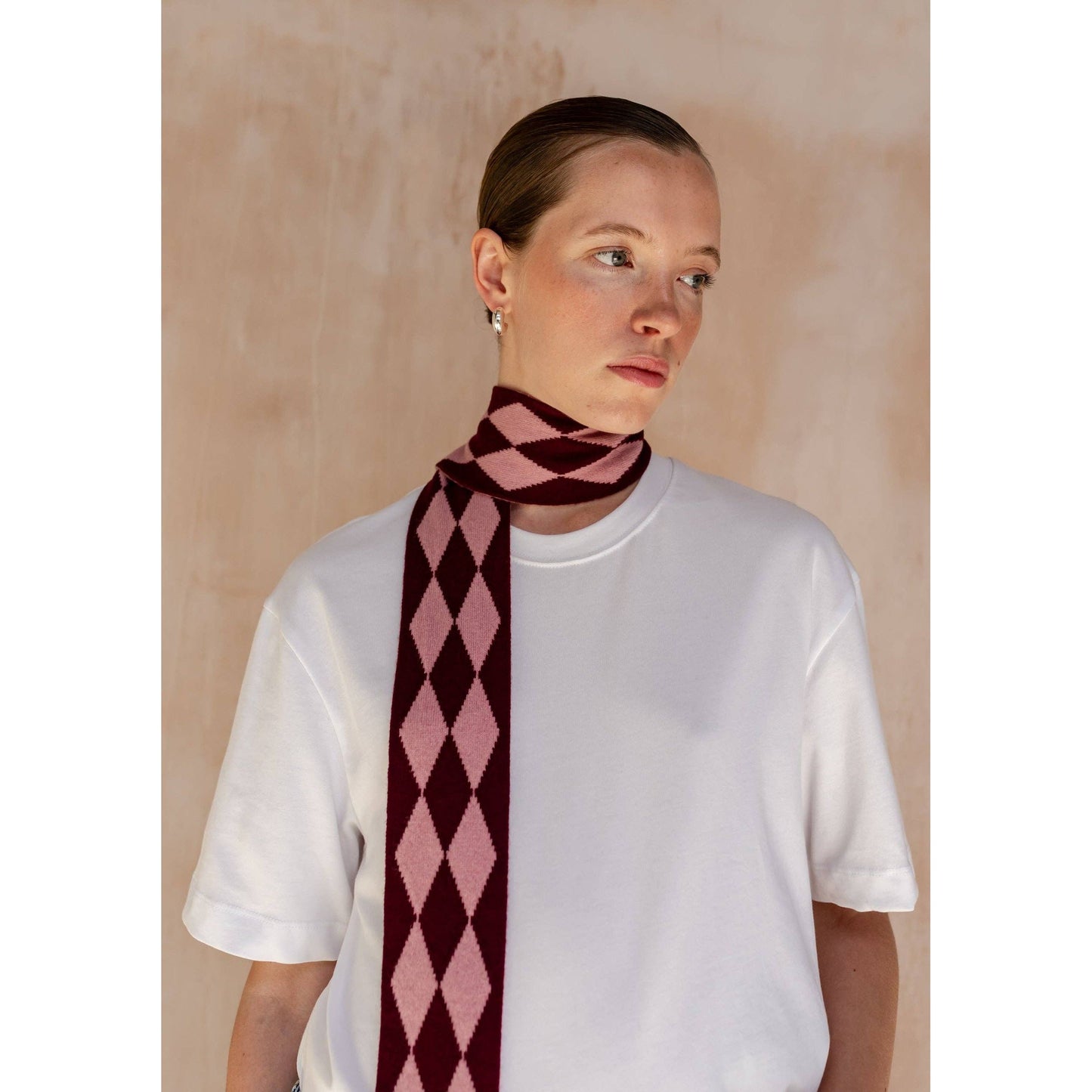 Merino Wool Skinny Scarf in Burgundy Harlequin