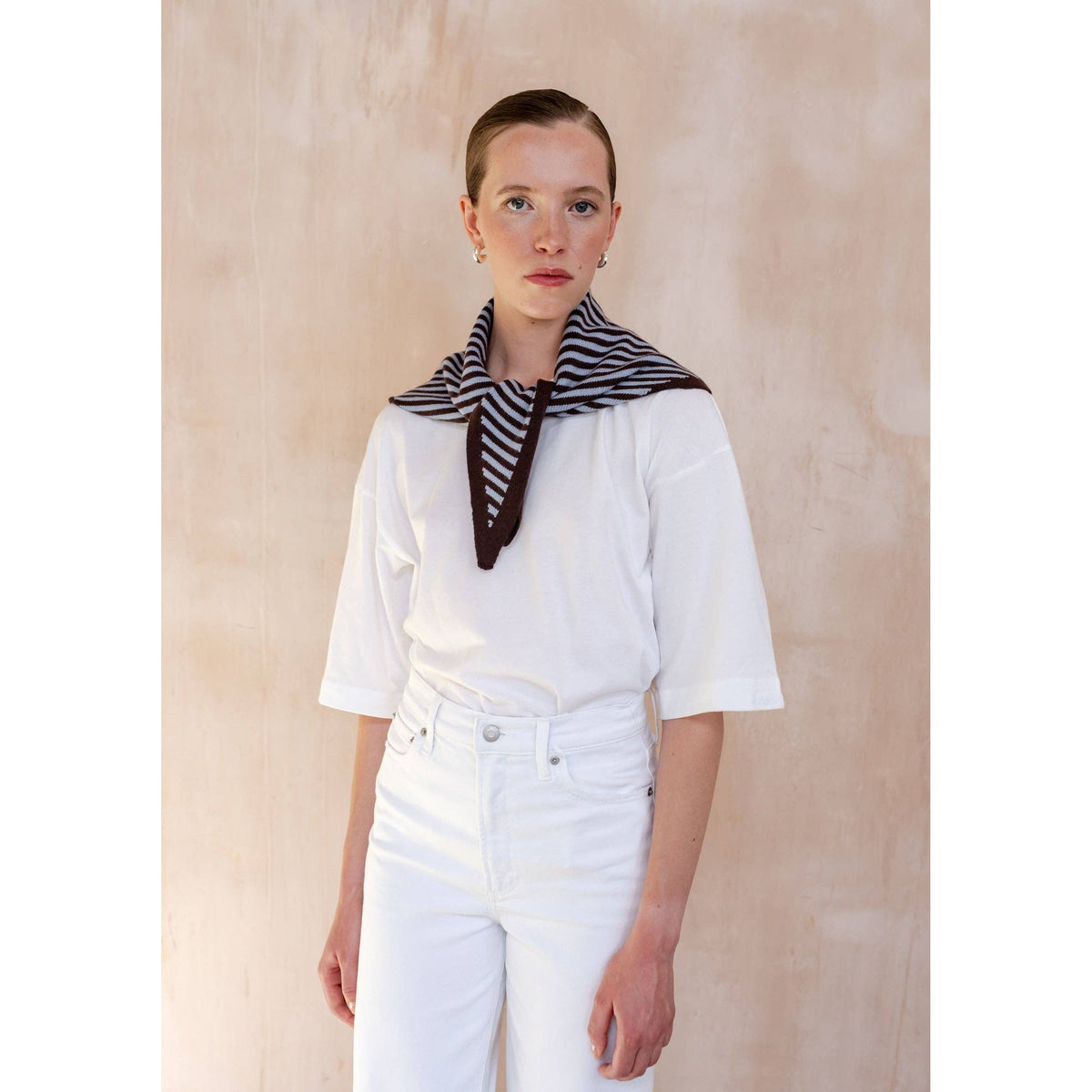 Merino Wool Triangle Scarf in Blue & Brown Stripe