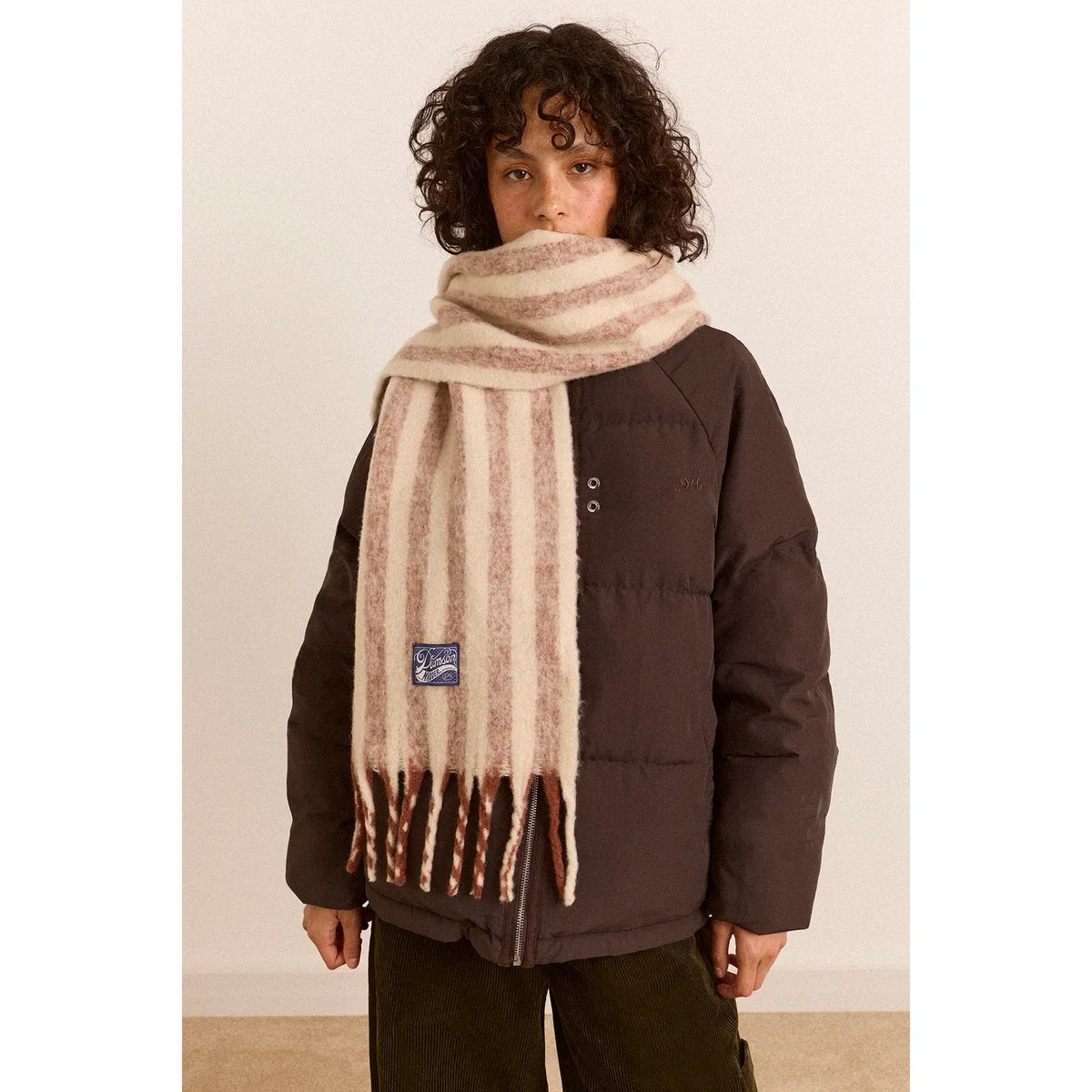 Brushed Fluffy Wool Blend Scarf - Choc & Ecru Stripe