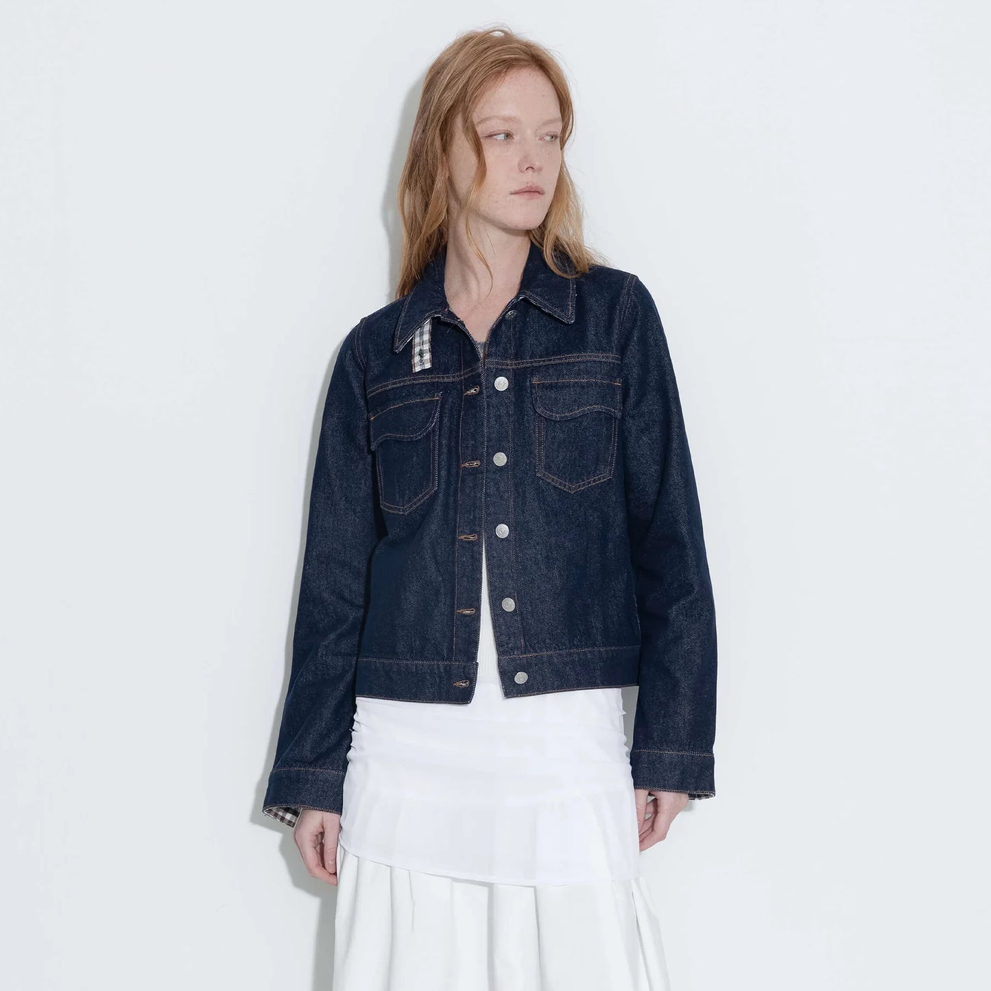 Color-Block High-Neck Denim Jacket