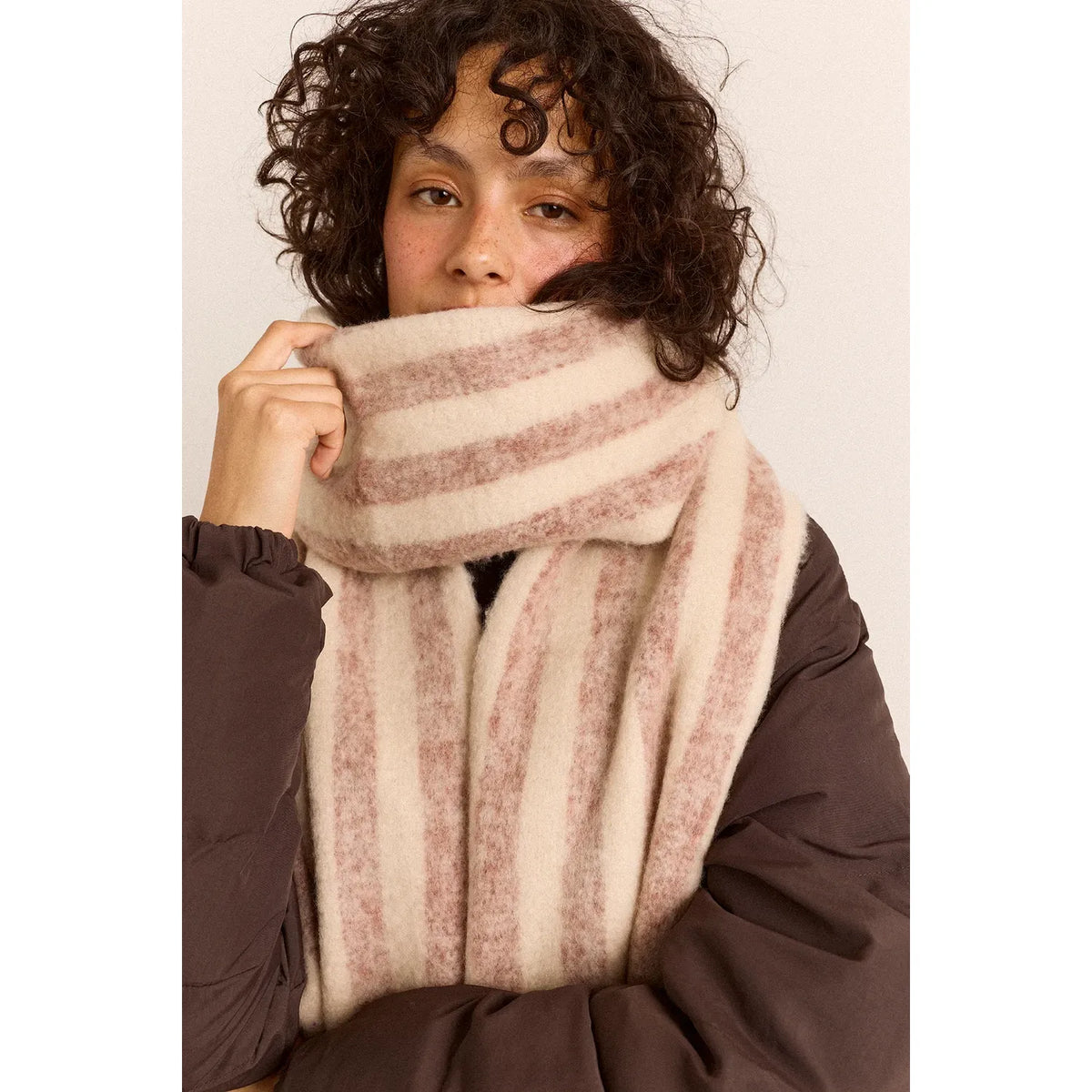 Brushed Fluffy Wool Blend Scarf - Choc & Ecru Stripe