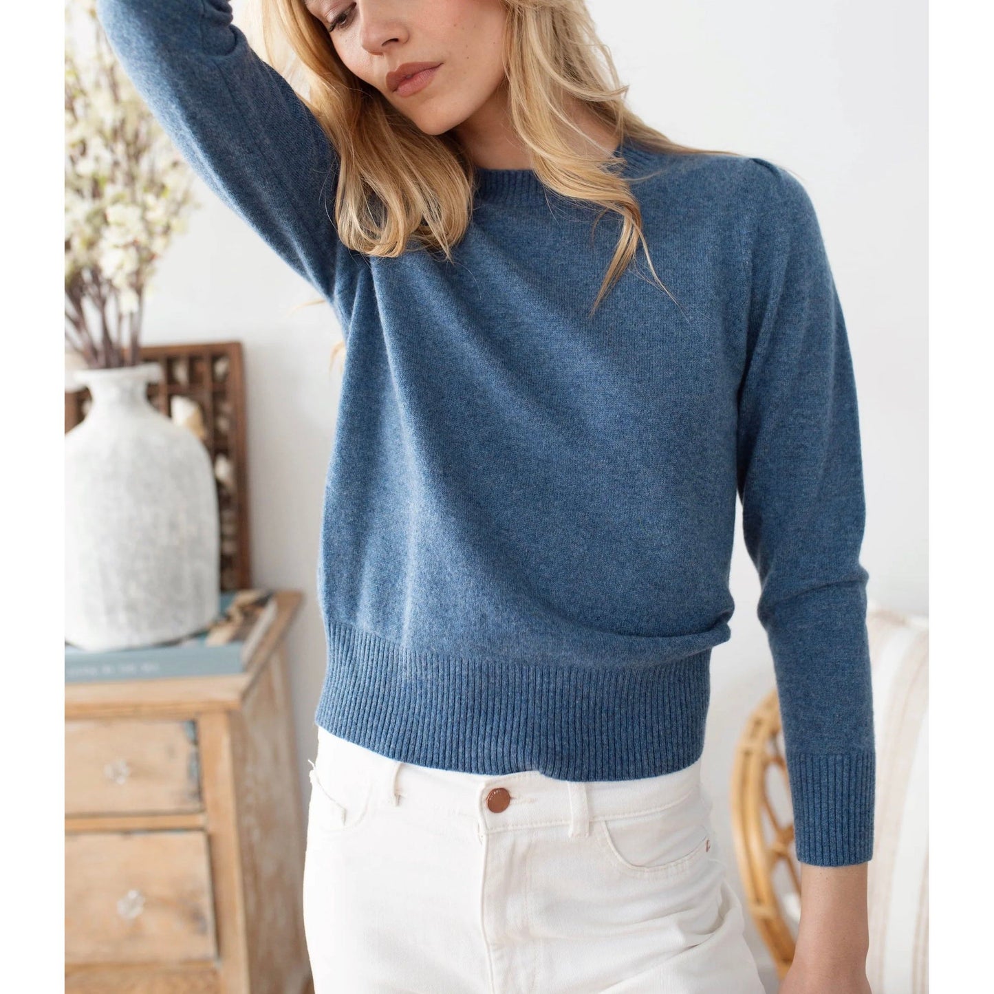 Puff Sleeve Cashmere Crewneck Sweater