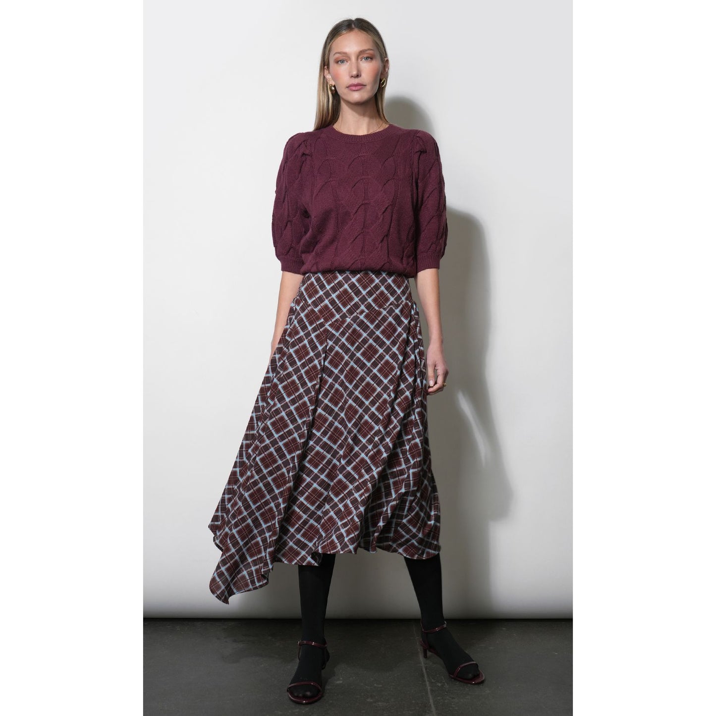 Rhodes Asymmetric Plaid Midi Skirt
