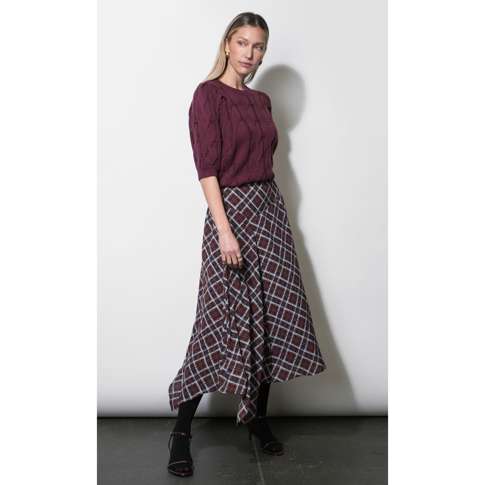 Rhodes Asymmetric Plaid Midi Skirt