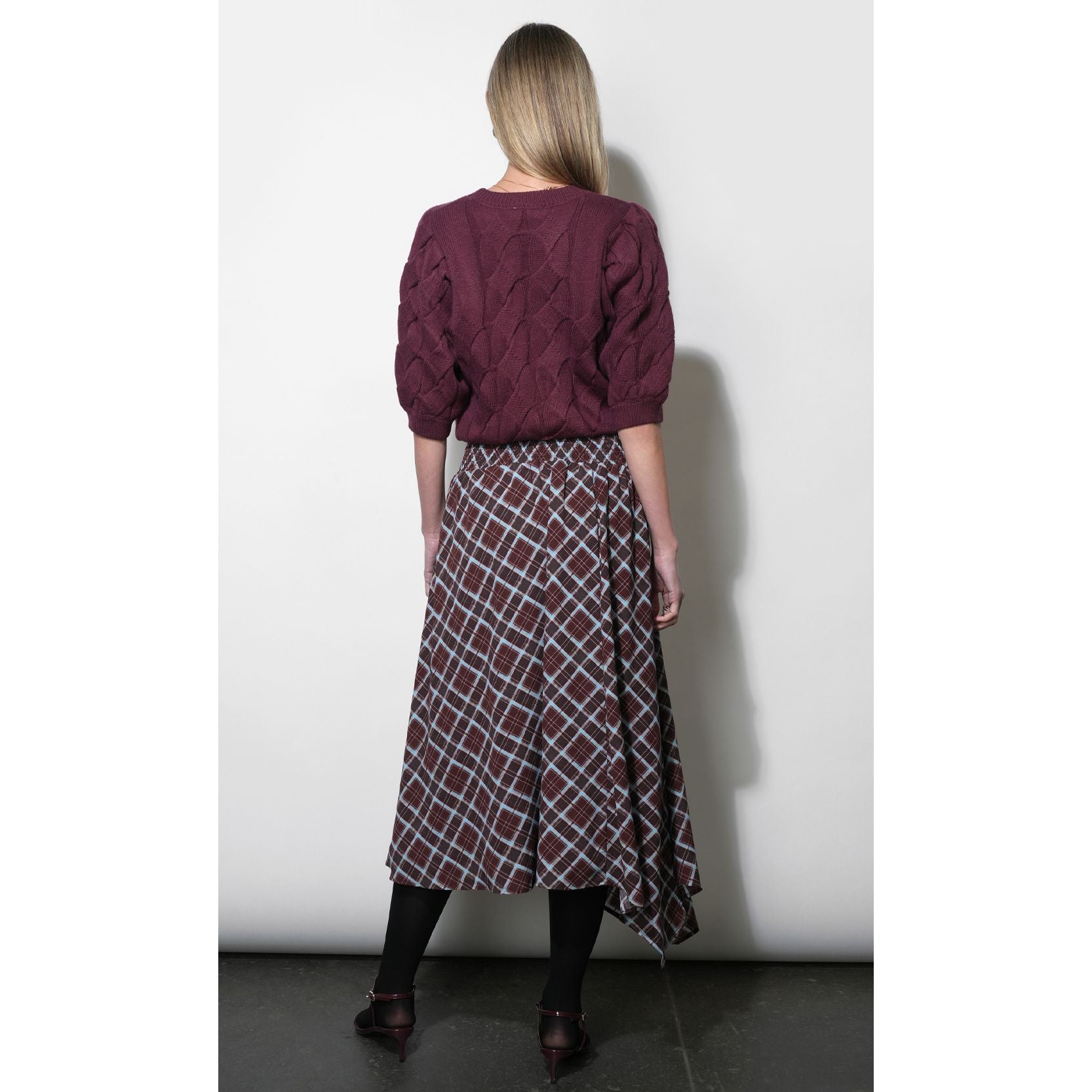 Rhodes Asymmetric Plaid Midi Skirt