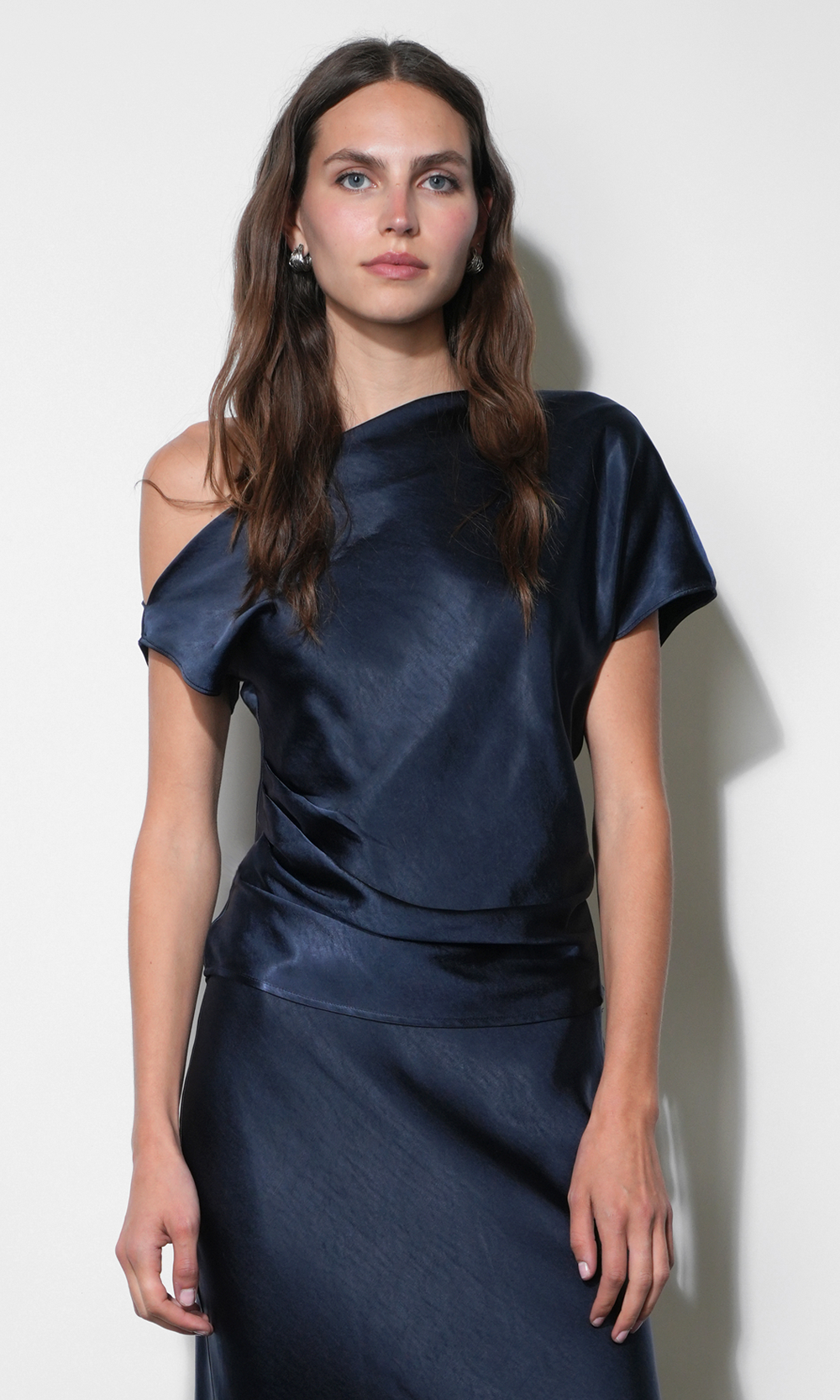 Nellie Asymmetric Satin Draped Off Shoulder Top