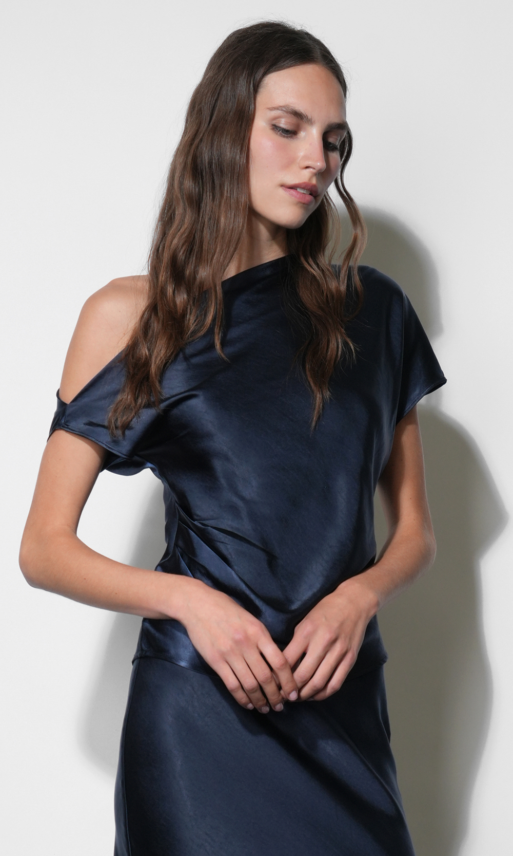 Nellie Asymmetric Satin Draped Off Shoulder Top