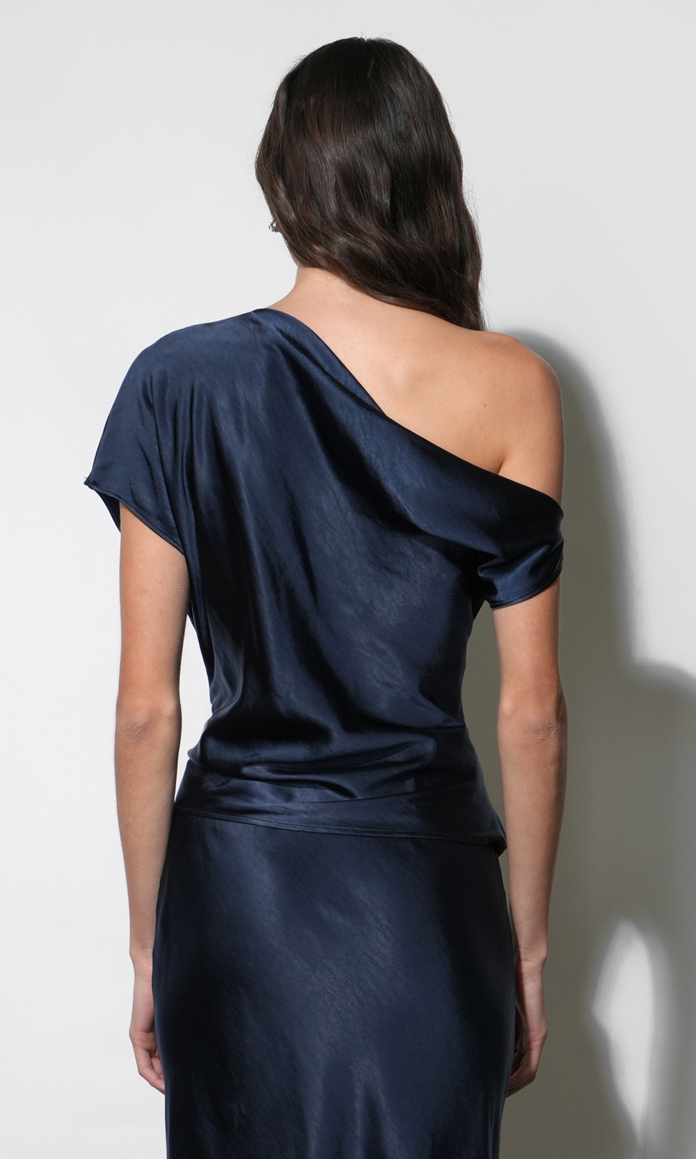 Nellie Asymmetric Satin Draped Off Shoulder Top