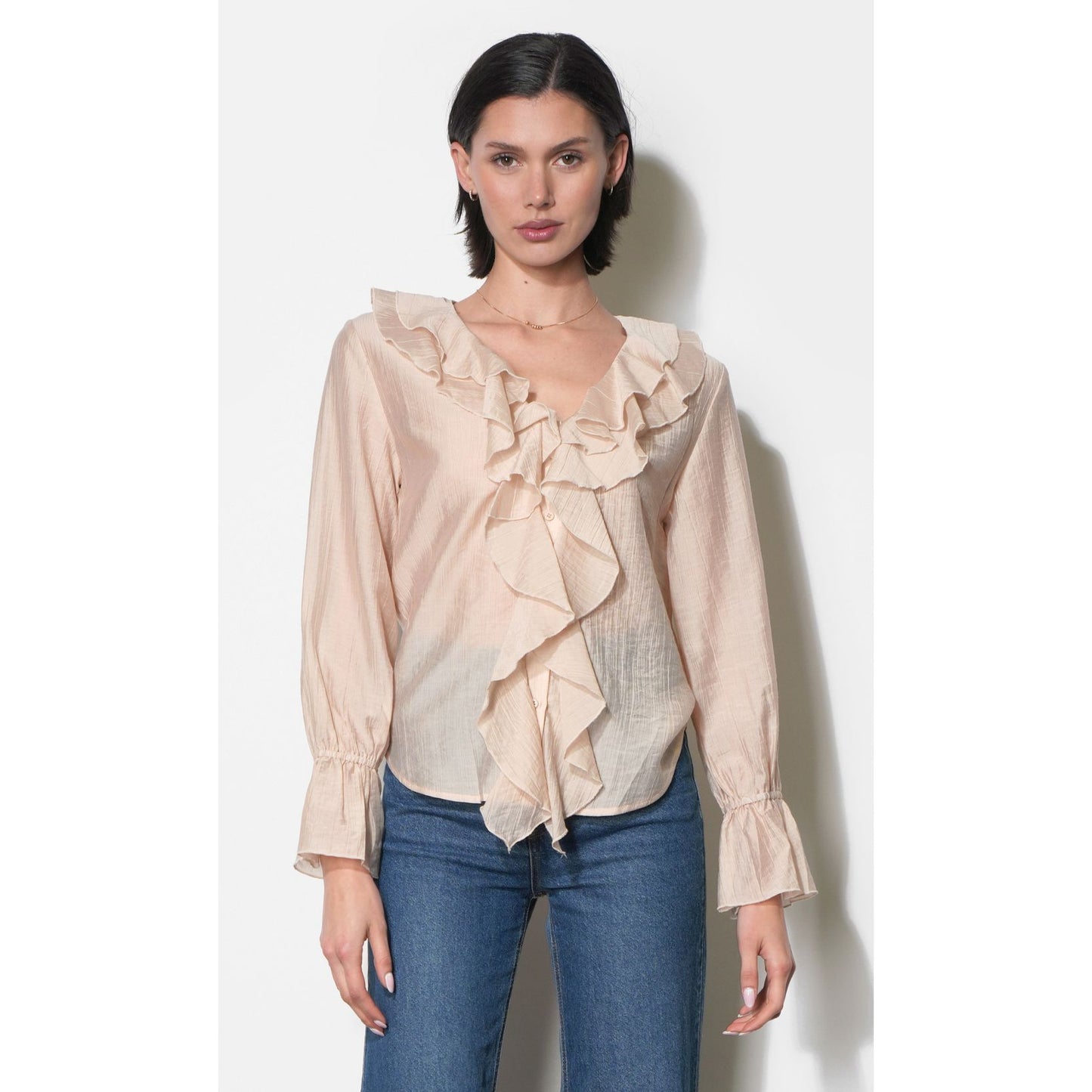 Gemma Cascading Ruffle Button Front Long Sleeve Top