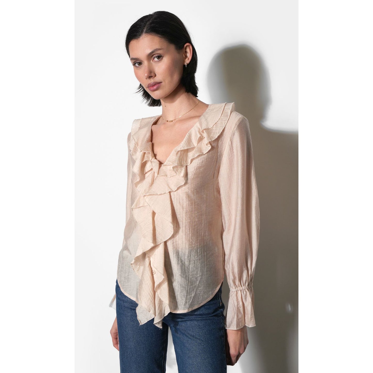 Gemma Cascading Ruffle Button Front Long Sleeve Top