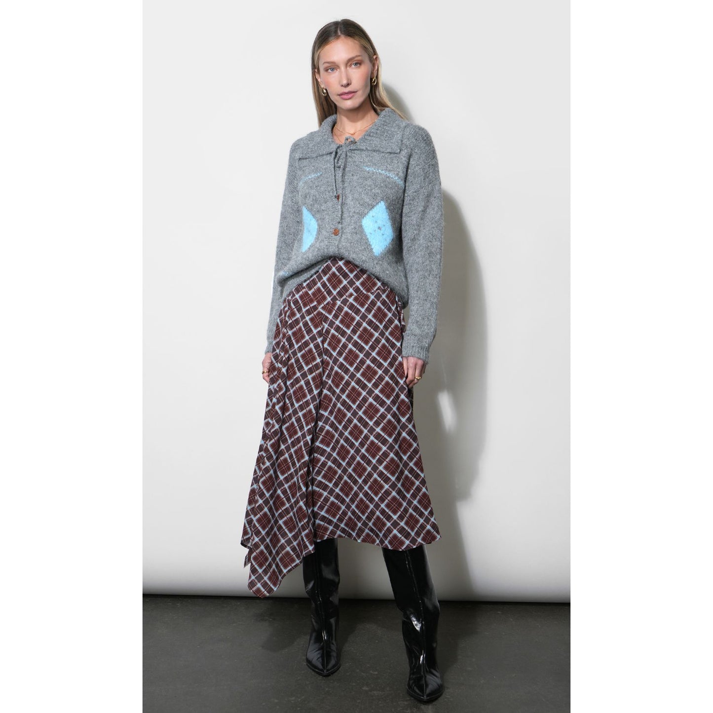 Rhodes Asymmetric Plaid Midi Skirt