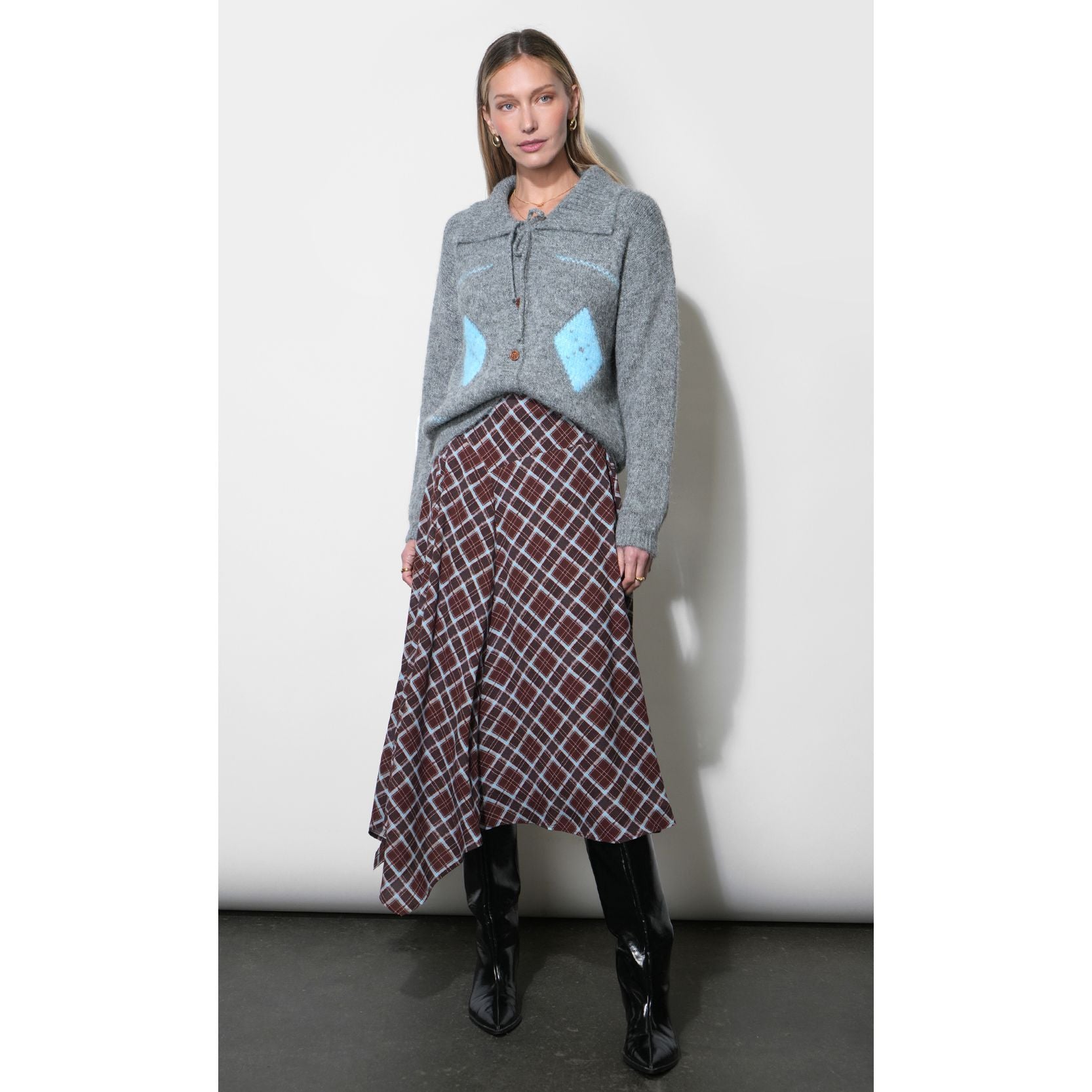 Rhodes Asymmetric Plaid Midi Skirt