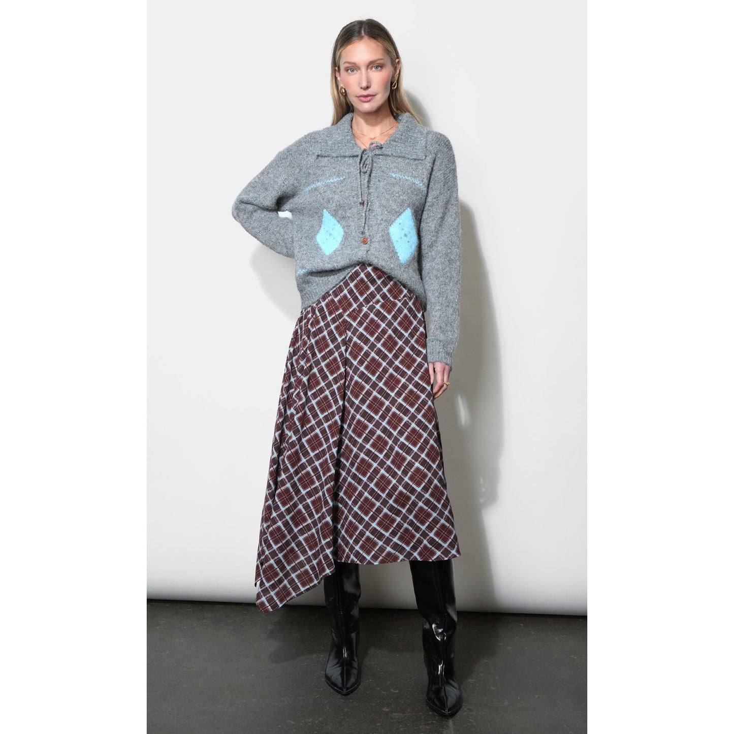 Rhodes Asymmetric Plaid Midi Skirt