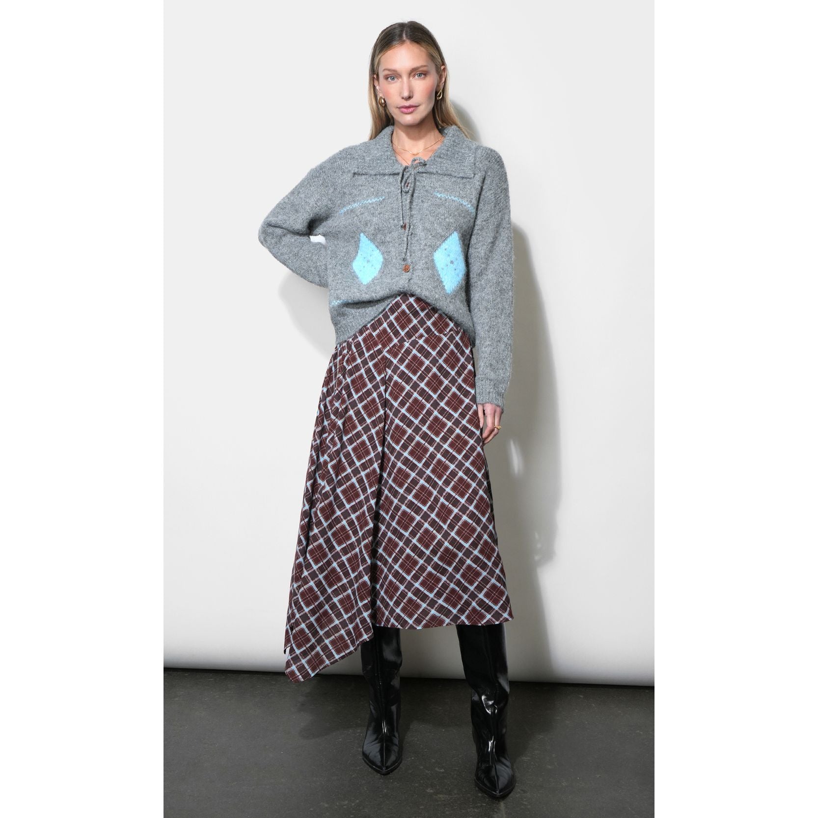 Rhodes Asymmetric Plaid Midi Skirt