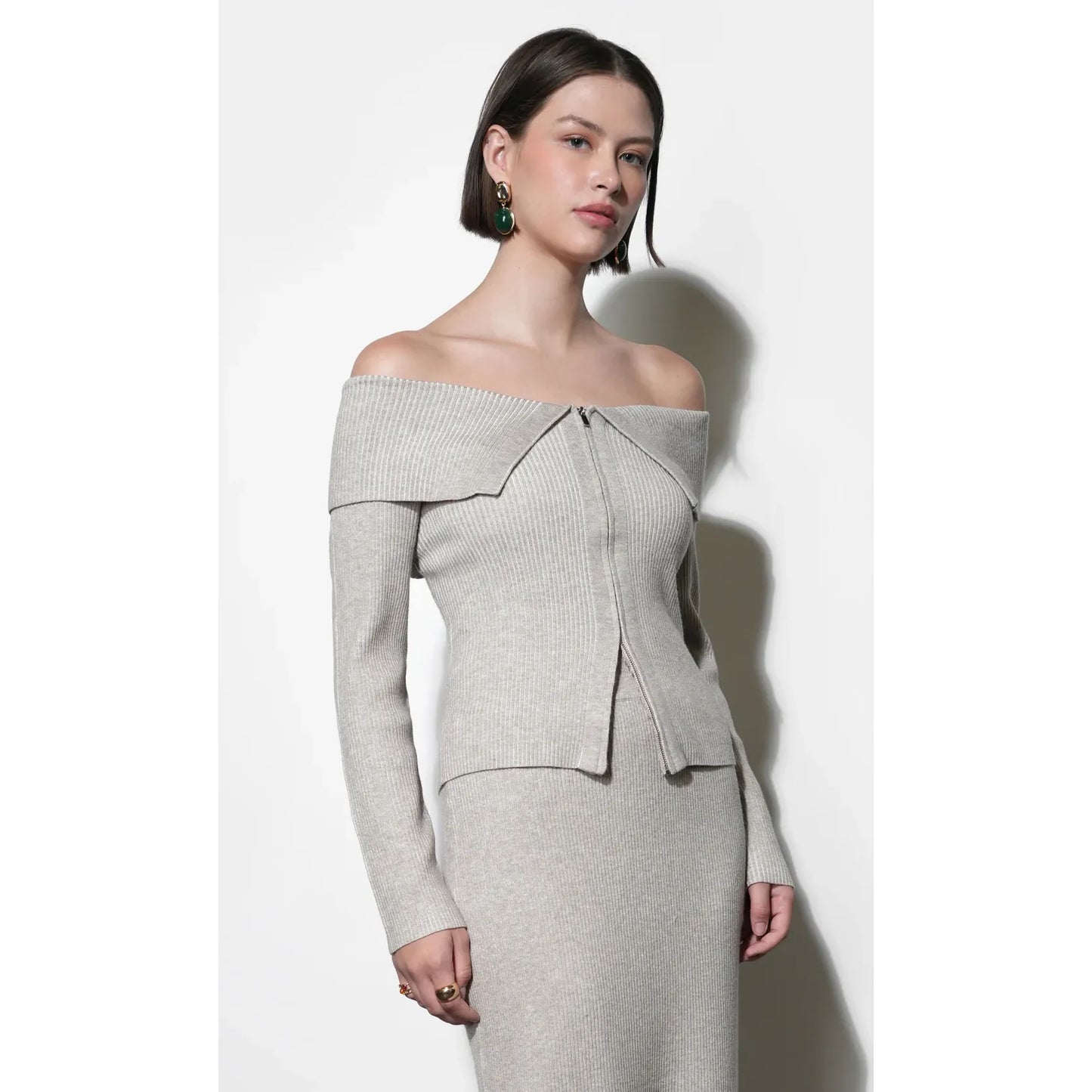 Hazel Off Shoulder Zip up Knit Top