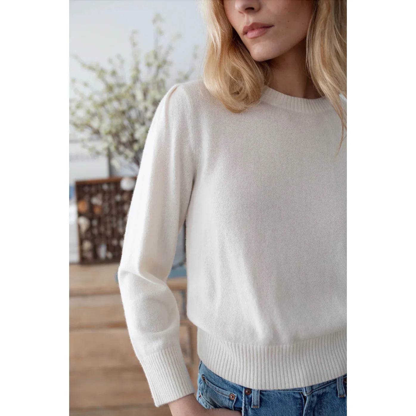 Puff Sleeve Cashmere Crewneck Sweater