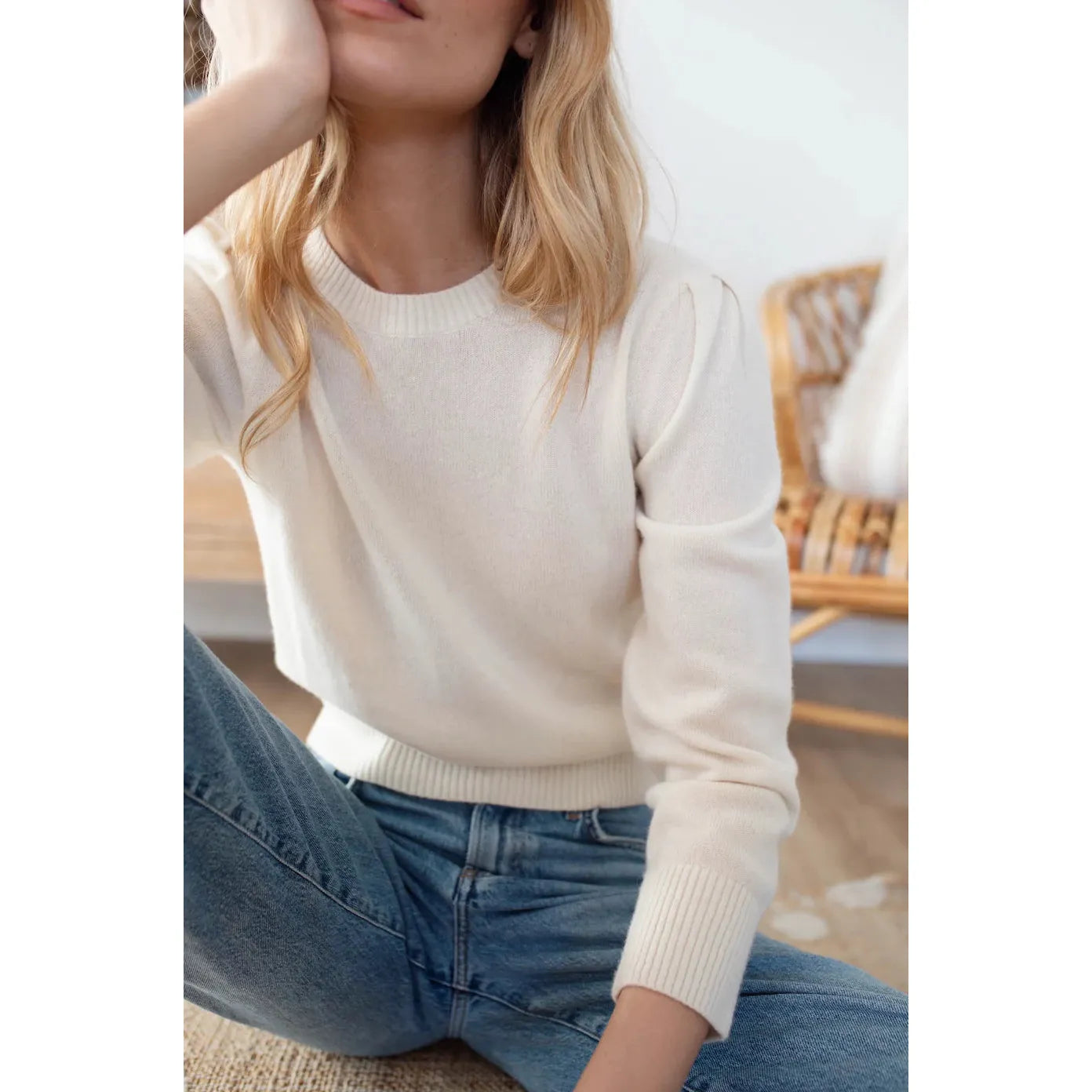 Puff Sleeve Cashmere Crewneck Sweater