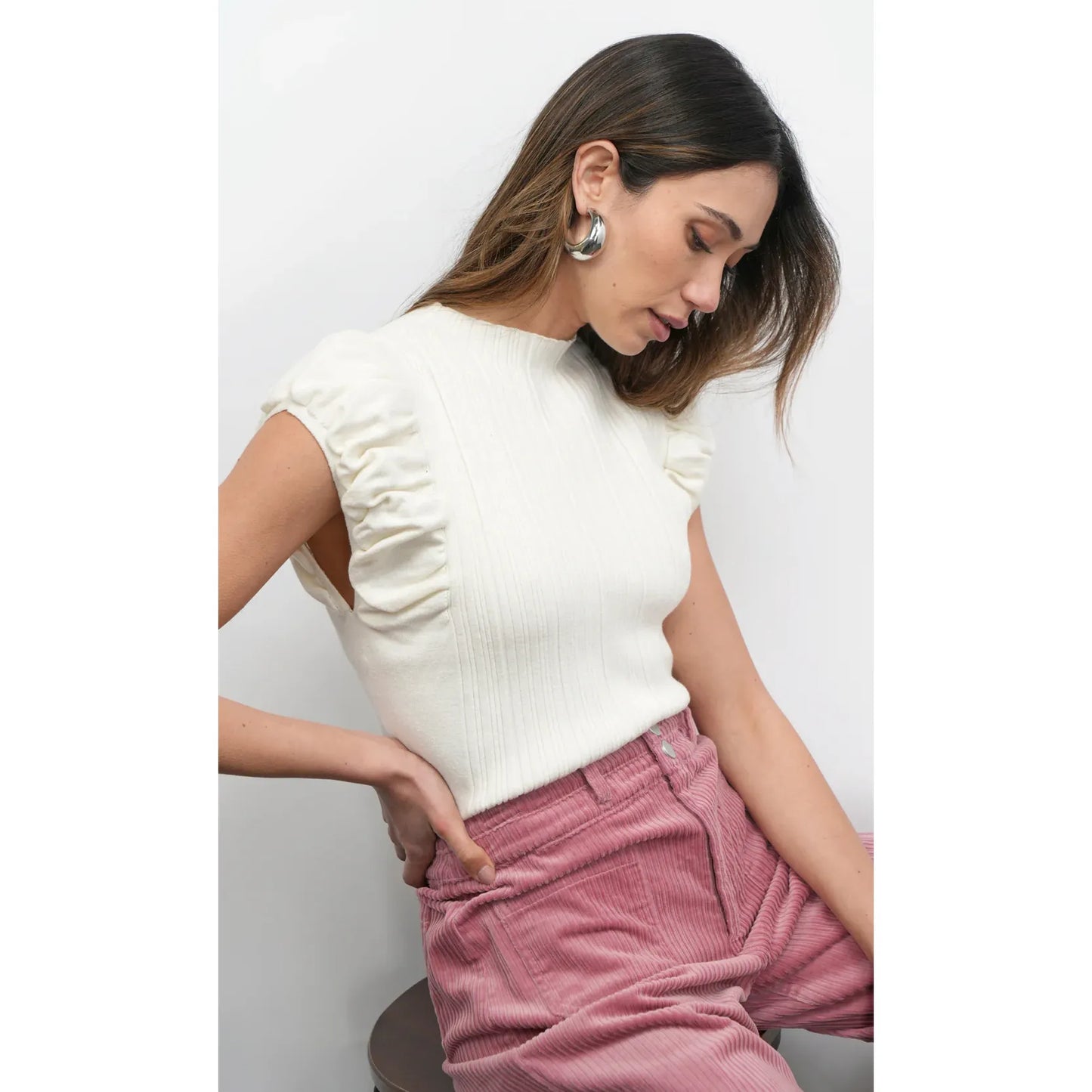 Austen Puff Cap Sleeve Rib Knit Top